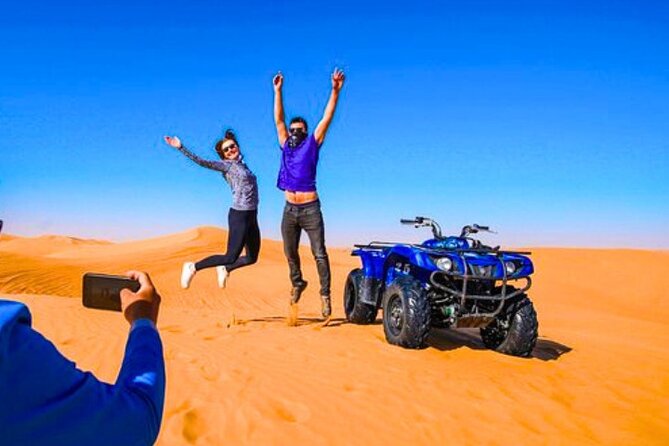 Desert Safari Dubai 30 Mins Quad Bike, Sand Board, Camel Ride BBQ - Camel riding and sandboarding
