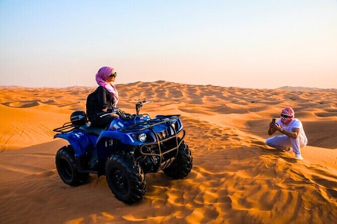 Desert Safari Dubai 30 Mins Quad Bike, Sand Board, Camel Ride BBQ - The red dunes and sunset photo stop