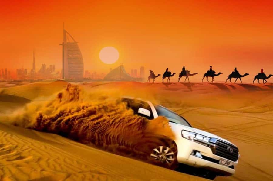 Dubai: Desert Safari Camel Riding, Sandboarding & BBQ Dinner - From Dubai streets to the open desert