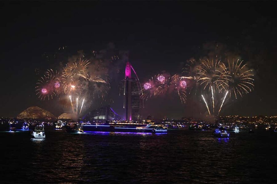 Dubai: NYE MegaYacht Lotus Fireworks & Dinner Cruise - The Dubai skyline from the water