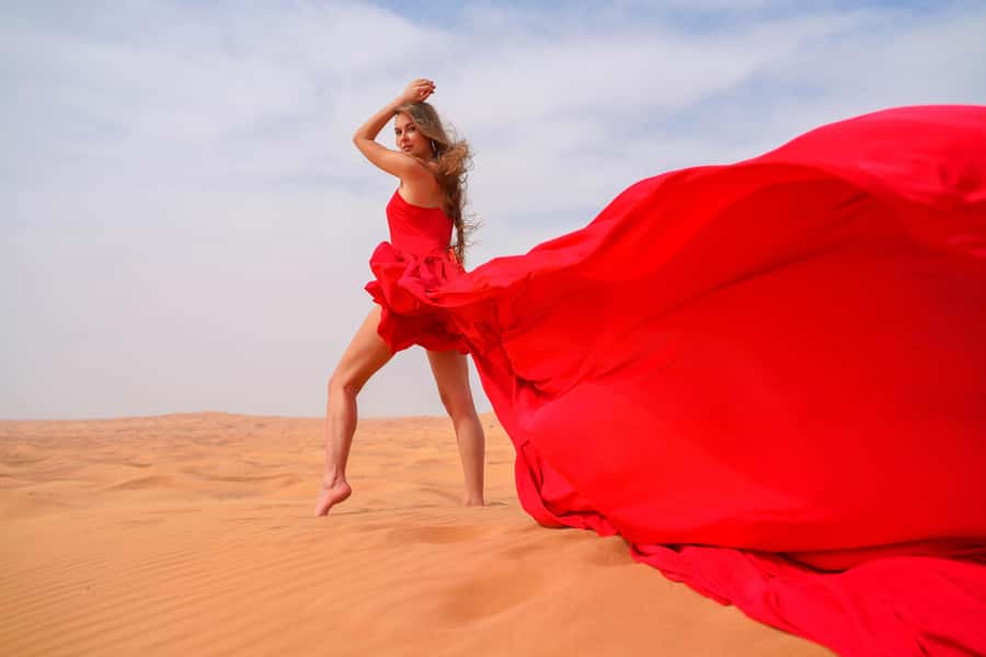 Dubai: Private Flying Dress Photography and Dune Drive Trip - From Dubai hotel pickup to the open dunes