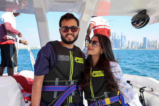 Parasailing in Dubai with Palm Jumeirah and JBR Beach views - Landing, photographs, and the return ride
